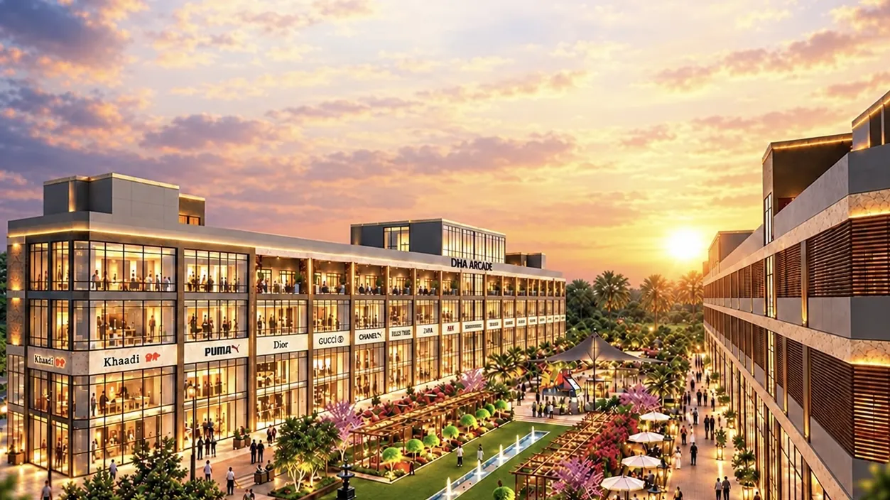 Artist's impression of Defence Arcade, two low-rise commercial complexes facing a landscaped central area in DHA Bahawalpur.