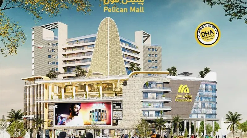 Artist's impression of Pelican Mall, a glass high-rise above a retail podium at the junction of Sectors A, B, C and D in DHA Bahawalpur.